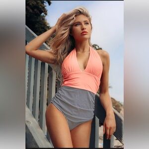 Cupshe Coral Halter One-Piece with Black & White Stripes